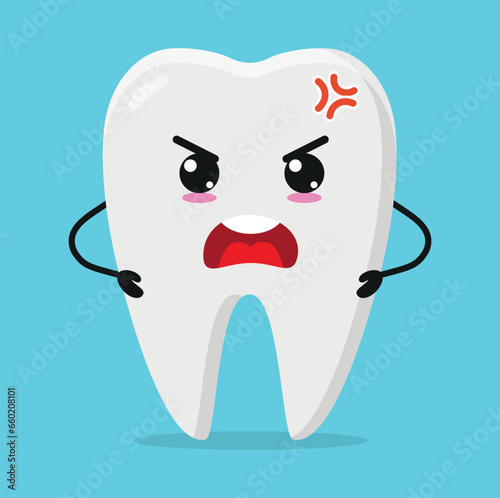 Cute angry tooth character. Funny mad teeth cartoon emoticon in flat style. closet vector illustration