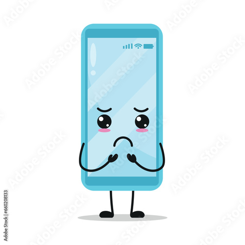 Cute gloomy smartphone character. Funny sad mobile phone cartoon emoticon in flat style. closet vector illustration