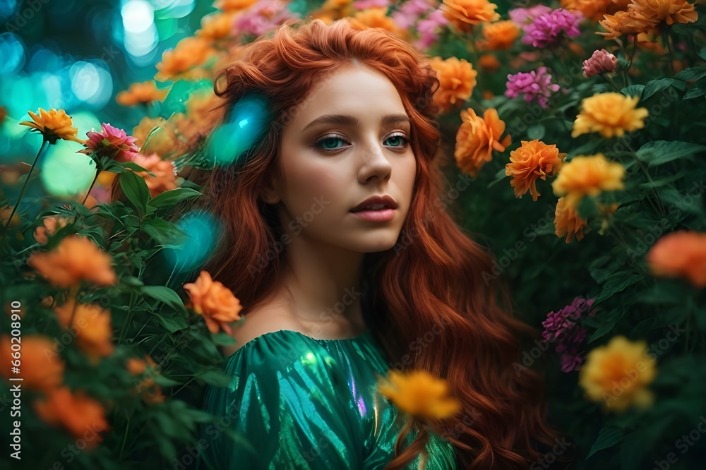 Vibrant redhead woman with dyed red hair and colorful flower.