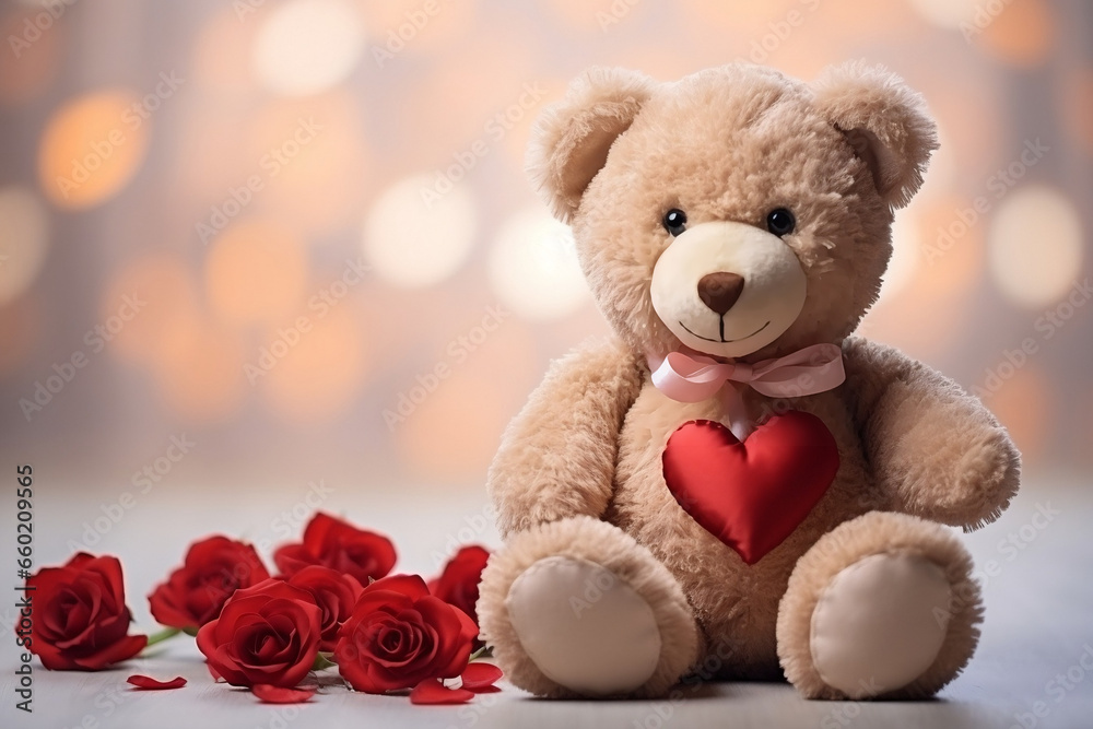 Adorable Teddy Bear Embracing Love with Valentine's Heart and Red Rose, Symbolizing Valentine's Day Romance