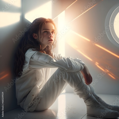teen girl in western clothes sitting in an all white futuristic room ultra realistic cinematic hyper realistic lens flare harsh lighting depressing crying photorealistic 