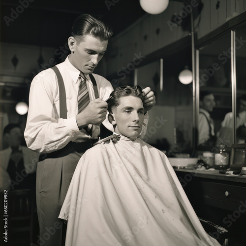 1950 man getting haircut at barber shop.