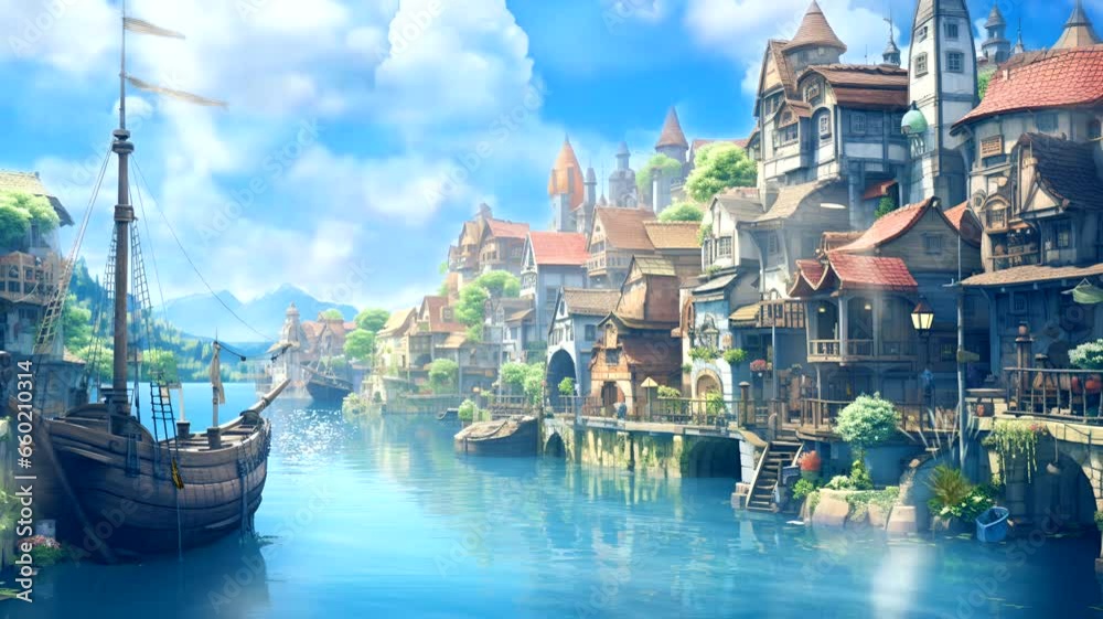 City grand canal video loop anime in watercolor style. 