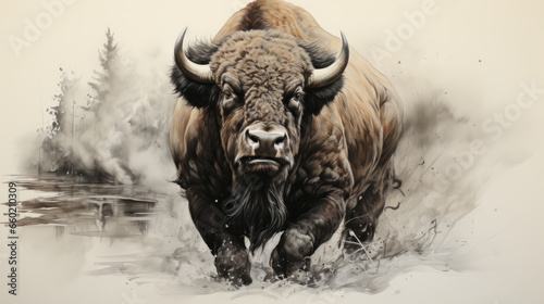 Pencil drawing of a  buffalo in the wild