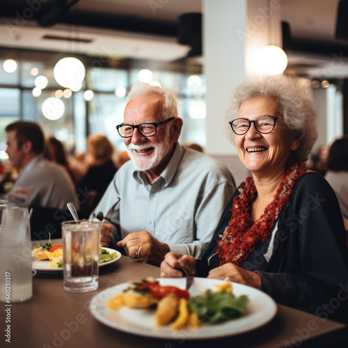 elderly friends eating dinner in restaurant.
