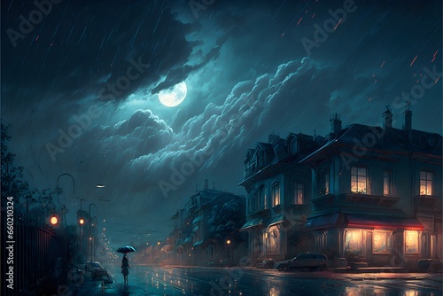 Night city panorama rain clouds young moon anime 