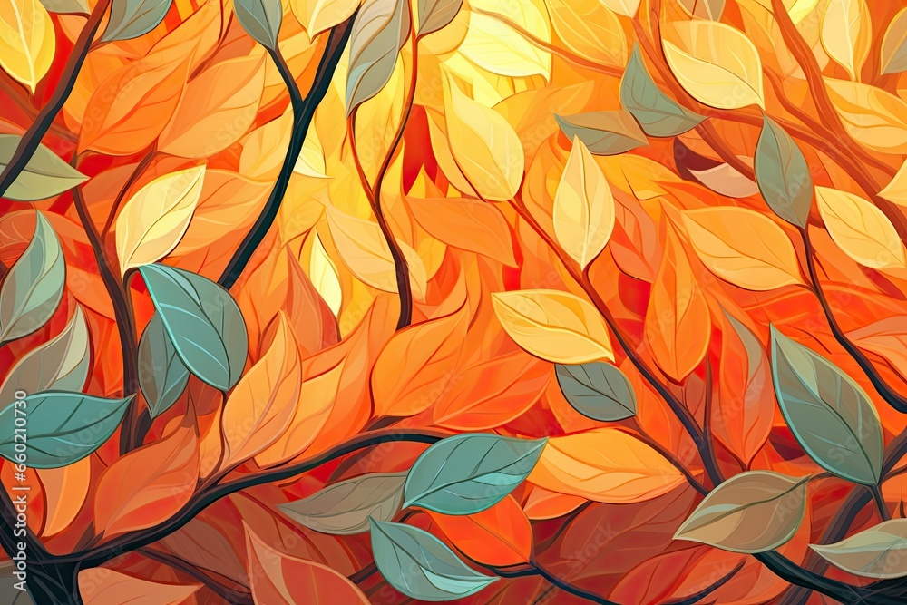 Fototapeta premium Abstract Orange Background: Swirling Autumn Wind with Leaves - Vibrant Digital Image, generative AI