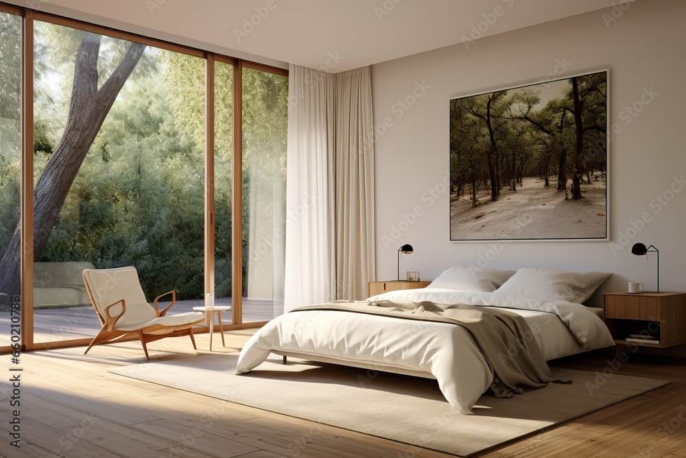 Bedroom with white walls and wooden floors Inside the room there is a large window that looks out onto the trees outside.