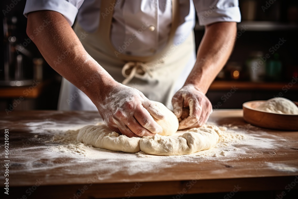 The chef is making dessert and massaging dough. The chef is making dessert and massaging dough.
