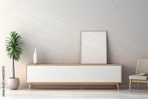 White wall, background, minimalist living room interior with wooden TV cabinet. © ORG
