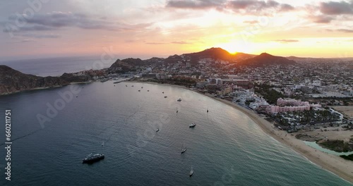 Cabo San Lucas Overview Aerial Landscape Rotating Panorama Sun Glow Behind the City Mexico Beach Paradise