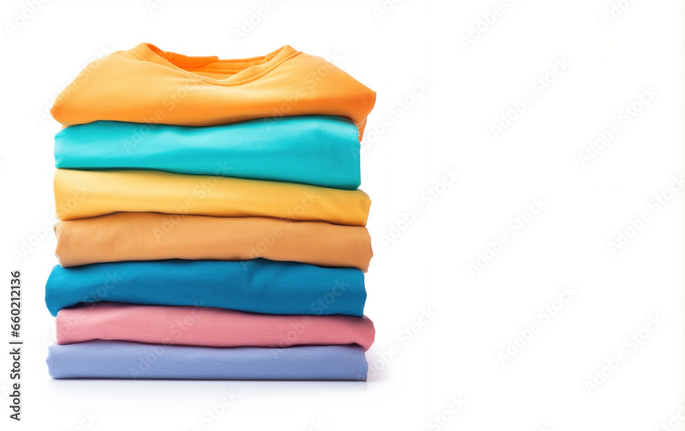 A stack of colored t-shirts on a white background