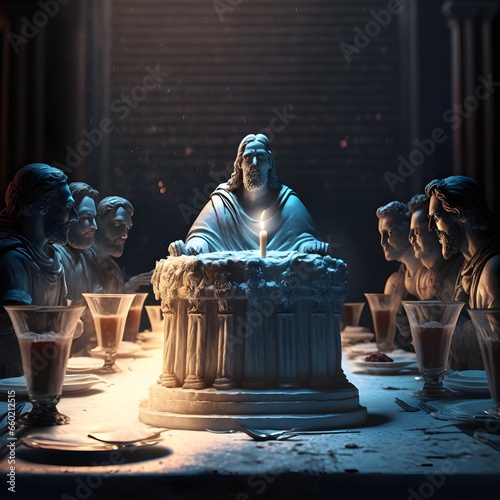 the last supper with the table full of ice cream cinematic lighting detailed face unreal engine  photo