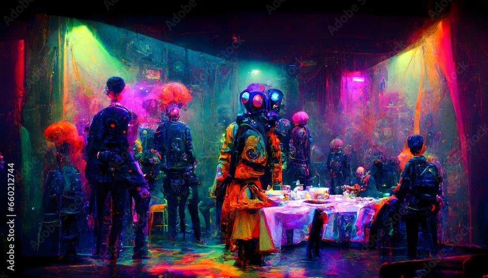 acid trip Psychedelics hallucinogens punks on stage in a dystopian dinner theatre with cyborgs in audiance cyberpunk realistic fine detail Tripping trippy Blacklight uv light 