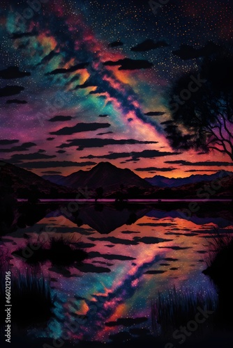 lake hodges california psychedelic acid trip dusk the lake melting into the galaxy constellations in the sky  photo