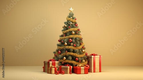 Christmas tree and presents are depicted in an isolated background with room for text 8K.