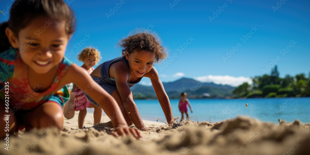 Kids playing at the beach in the sand and water, building sand castles, with short aperture focus — Children's portrait with sunshine and holiday vibes