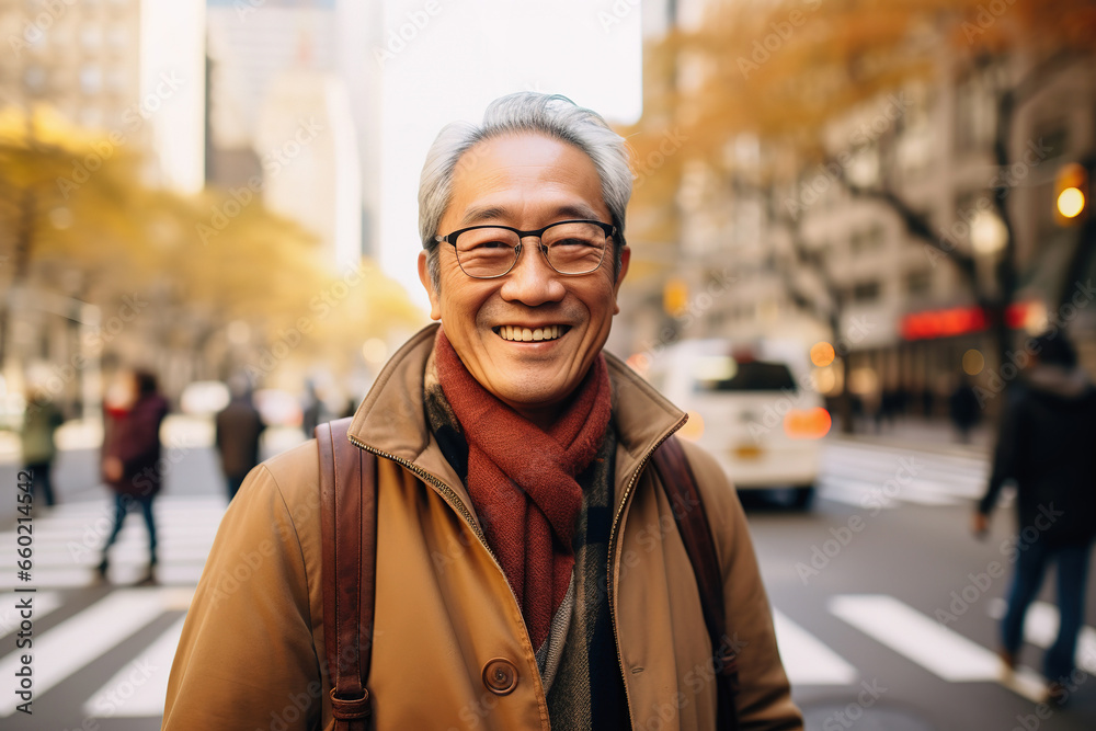 Senior Asian man winter city lifestyle. Urban street portrait