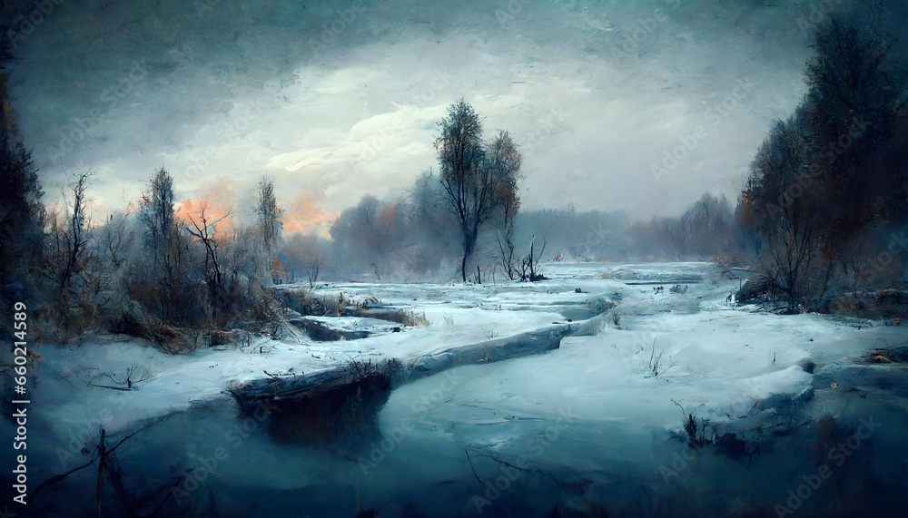 cold atmosphere frozen landscape cold creek  - obrazy, fototapety, plakaty 