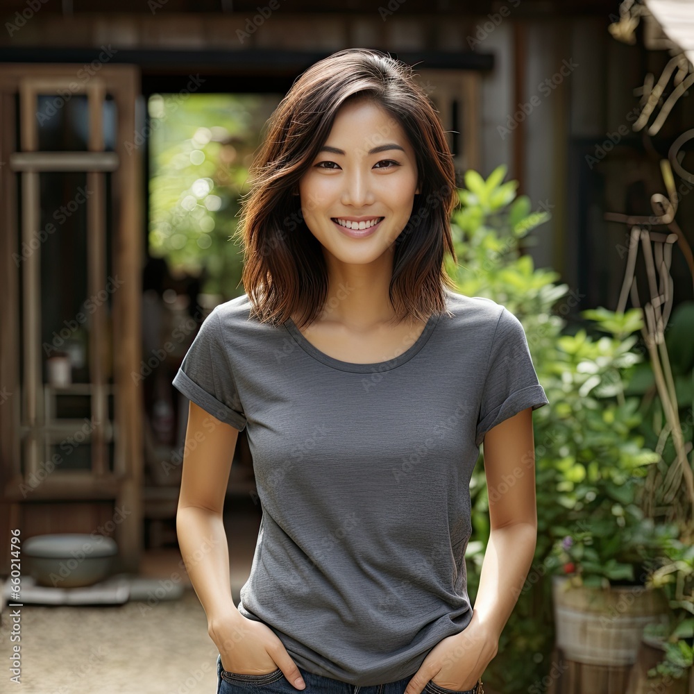 Fashionable Japanese Woman Blank Grey Tee Studio Portrait Fashionable Japanese Woman Blank Grey Tee Studio Portrait