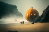 photo realistic a beach with a thin layer of fog at dawn giant pumpkins appear on the beach like rock formations the ocean is washing up against the pumpkins and people walk among them exploring 