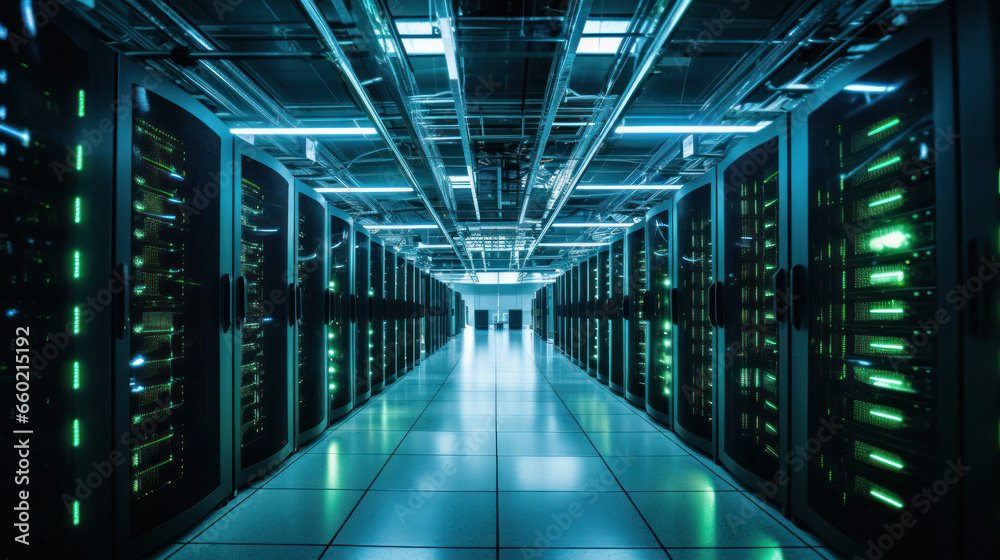 Shot of Corridor in Working Data Center Full of Rack Servers and Supercomputers with High Internet Visualisation Projection.