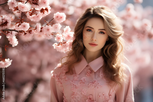 portrait of a woman in the park, A young woman looks back and smiles under the cherry blossom tree