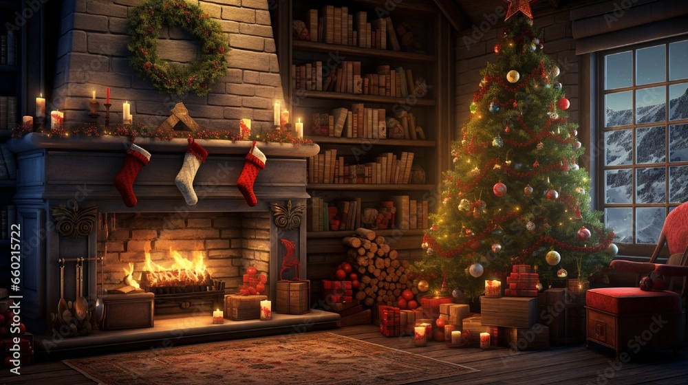Christmas advertisement design, a room with a fireplace and a Christmas tree, and a room adorned with Christmas gifts 8K.