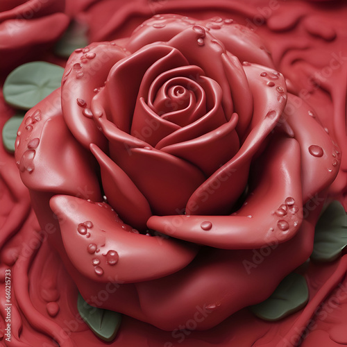 Red rose with water droplets on a red background. 3d rendering