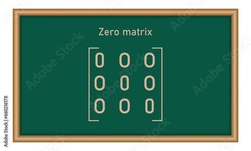 Zero matrix. Types of matrices in mathematics. Vector illustration isolated on chalkboard.