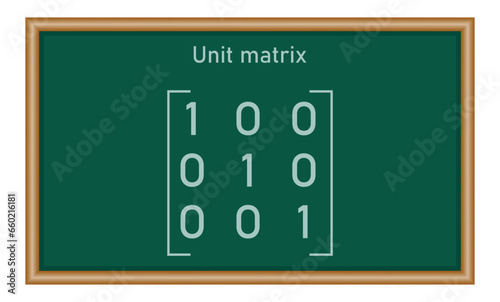Unit matrix. Types of matrices in mathematics. Vector illustration isolated on chalkboard.