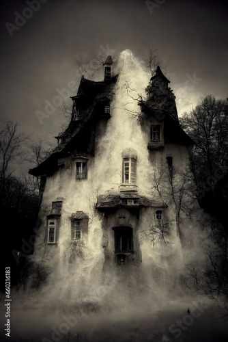 a haunted house in the style of a 1980s horror film ghosts scary film grain 