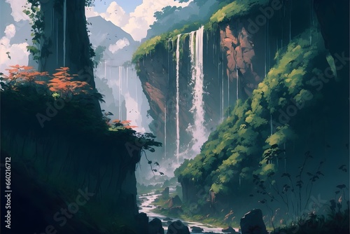 Rainforest waterfall mountain view sun throught the clouds aesthetic peacefull anime  photo