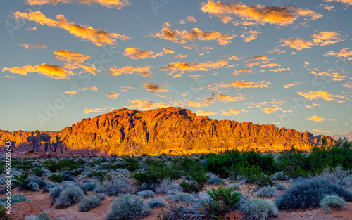 Beautiful Valley of Fire Landscape Scenery at sunset in the Southern Nevada desert near Las Vegas.