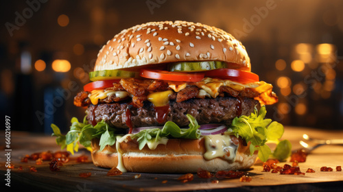 Delicious hamburger on wooden table against blurred background  closeup