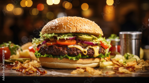 Cheese burger - American cheese burger with Golden French fries and fresh vegetables
