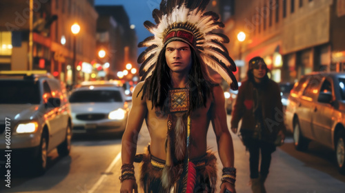 native american chief wearing feathers costume walking in the street downtown nightlife party photo