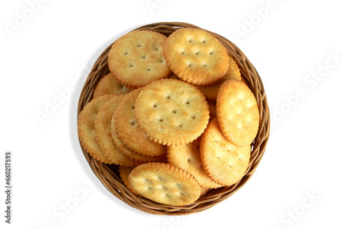 cracker biscuits isolated in basket,cutout transparent background,top view