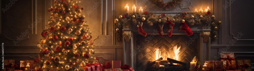 Christmas Tree with Gifts Next to Lighted Fireplace