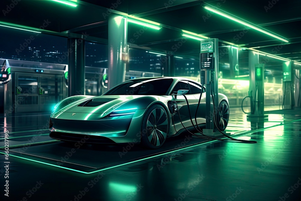 Futuristic Electric Car in Charging Station