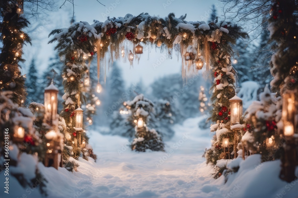 Fototapeta premium Christmas wedding backdrop photography background winter ceremony maternity shoot wedding overlay snow background forest wedding photo props