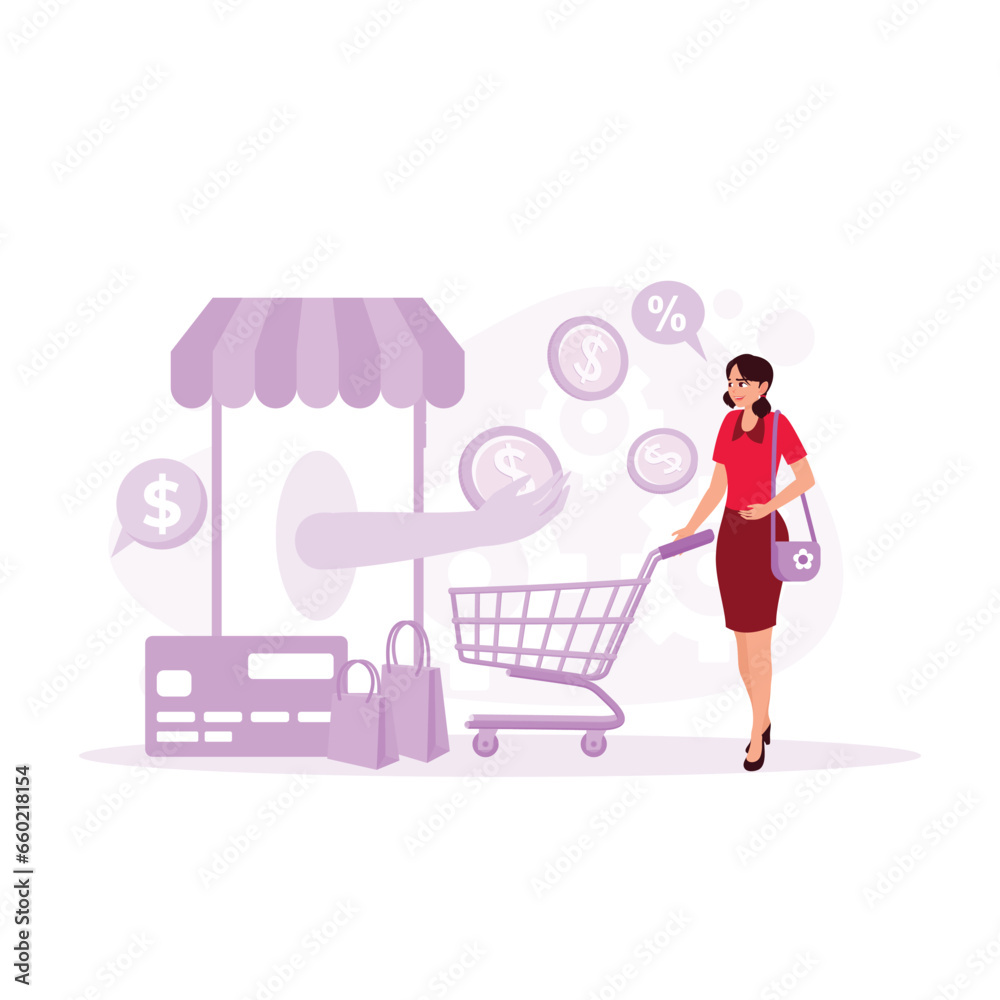 Women doing online shopping. Image of hand from mobile phone catching coins. Cash Back concept. Trend Modern vector flat illustration