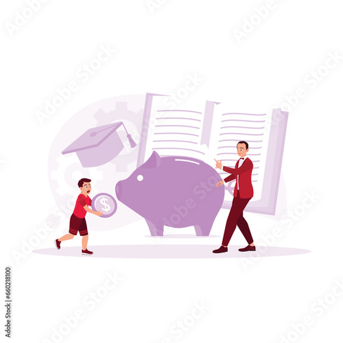 Father teaches his son to save. The boy puts coins into a piggy bank. Save for education. Financial literacy concept. Trend Modern vector flat illustration
