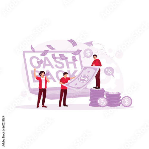 The youth group promotes products and earns money from laptops. Cash Back concept. Trend Modern vector flat illustration