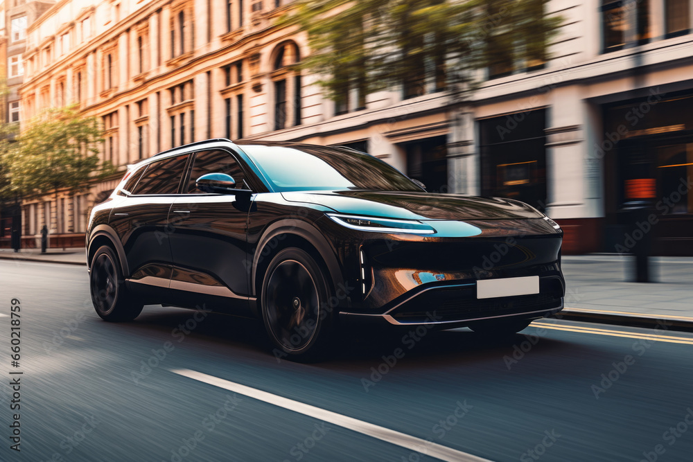 A black EV luxury SUV drives along a sunny road. Electric car in the street of a city