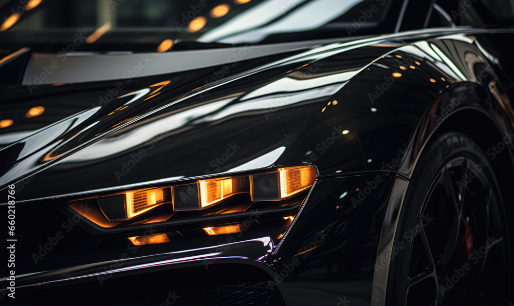Close-up view of a black Supercar or Hypercar Headlight, illuminated by hard light.