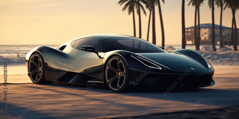 Elegant Black Electric Supercar on a Beach with Ocean Views in Sunny Weather and Palm Trees