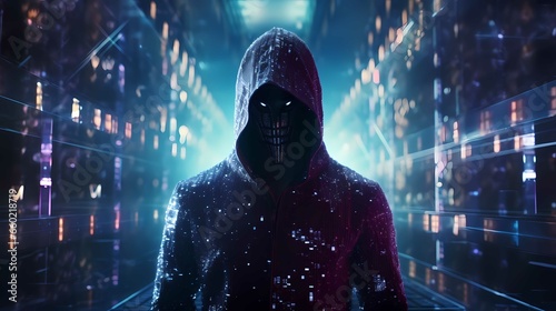 Anonymous hacker, surrounded by a network of glowing data. Cybersecurity, Cybercrime, cyberpunk, Cyberattack, Generative AI (ID: 660218719)