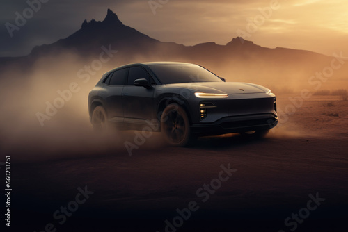 Off-road electric adventure: Premium black luxury SUV driving amidst the vastness of a dry desert landscape. © Maris