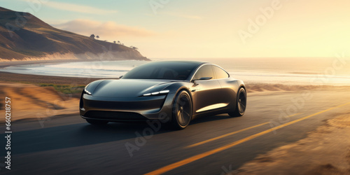 Elegant Black Electric Sports Car on a Scenic Curve Overlooking Ocean Views in Sunny Weather © Maris